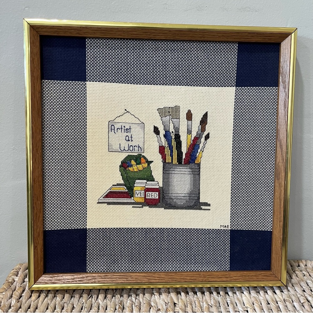 Framed embroidered “Artist‎ At Work” Art Teacher Paints Crayons 12x12 School.